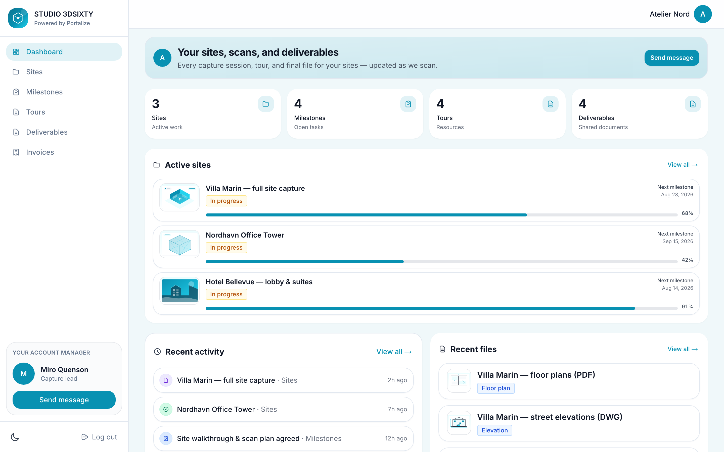 Reality capture client portal dashboard showing sites, tours, and recent deliverables
