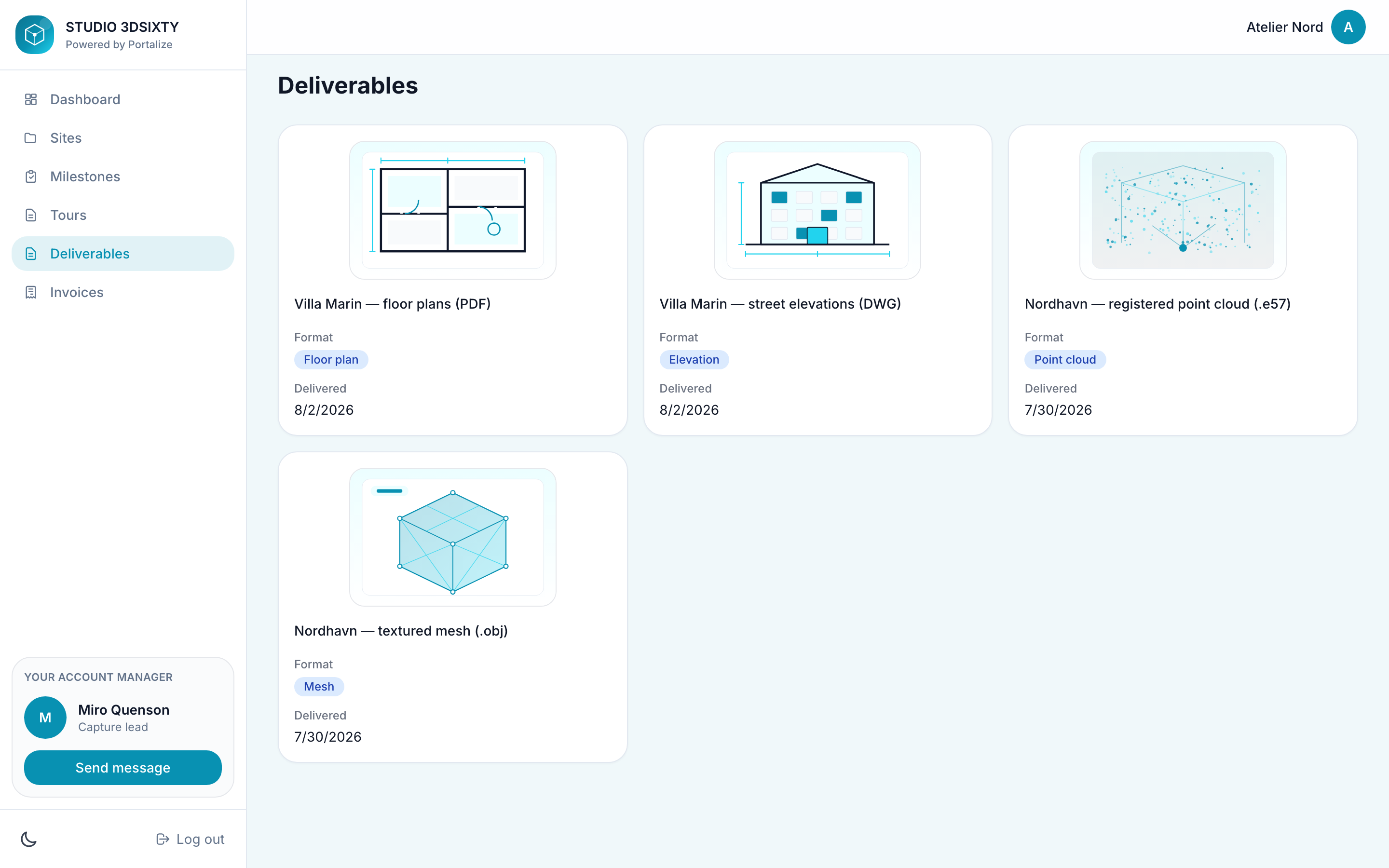 Deliverables view with floor plans, meshes, and files ready for download