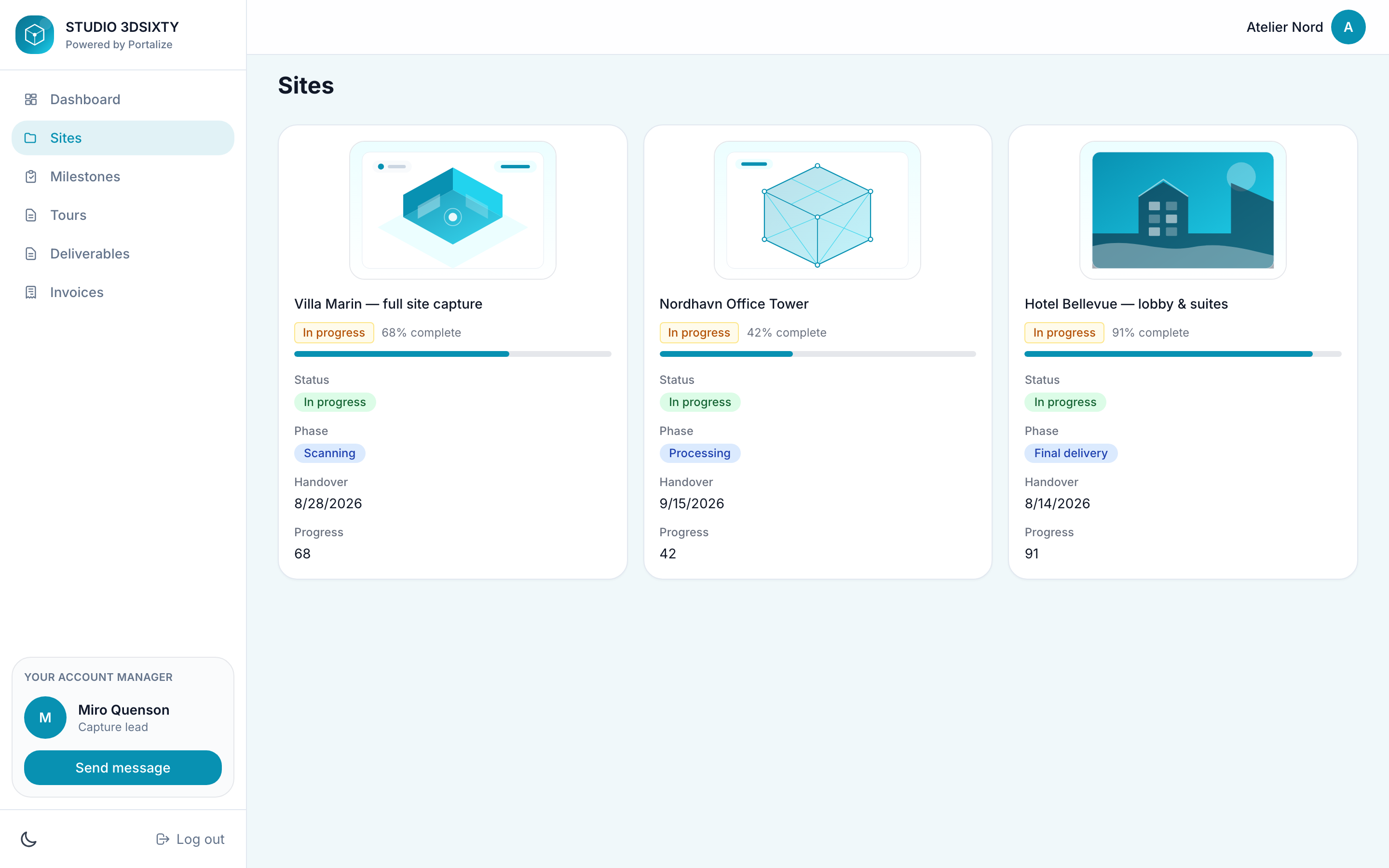 Sites view in a reality capture portal with property cards and capture status