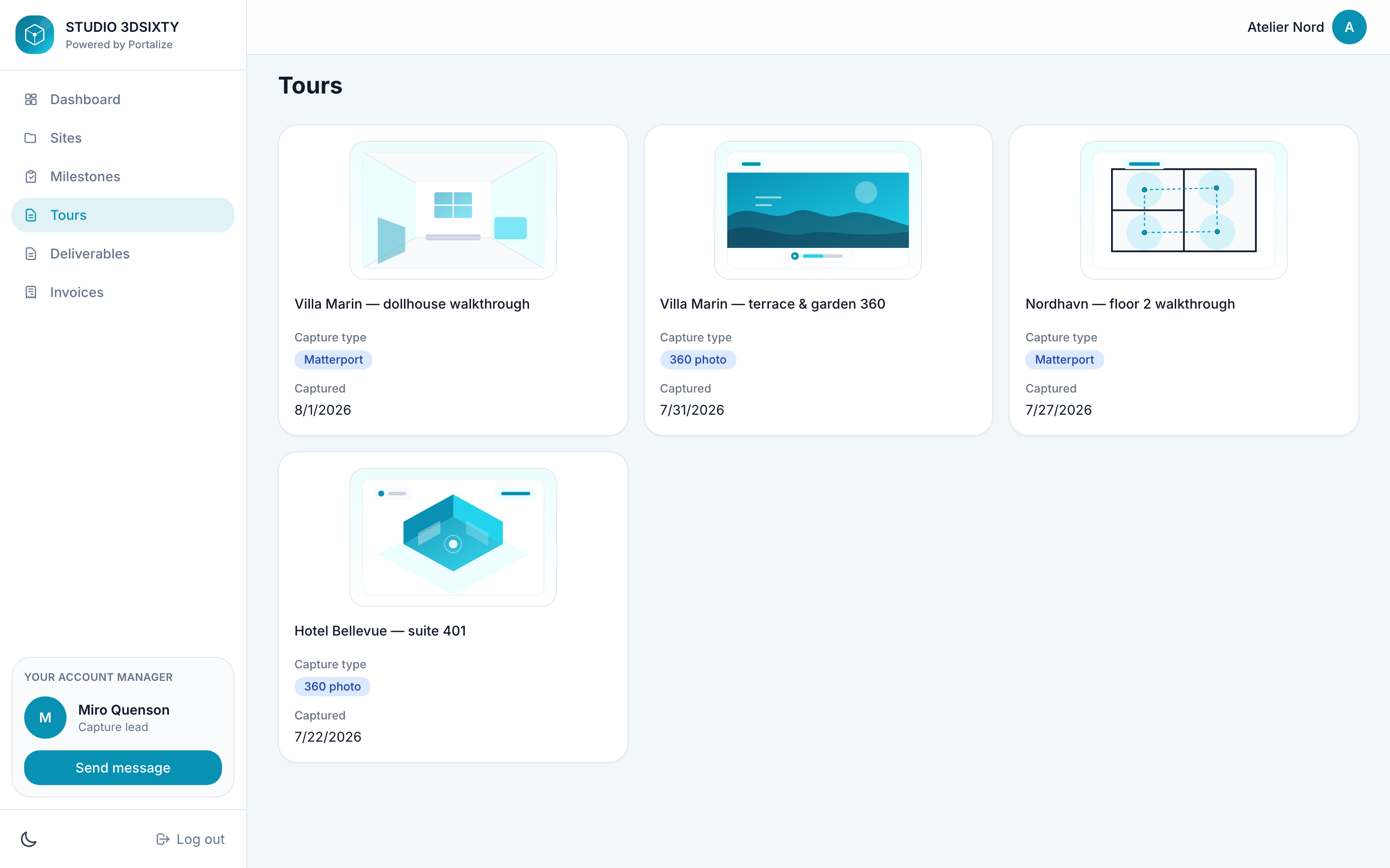 Tours view showing 3D tour links and capture sessions for client review