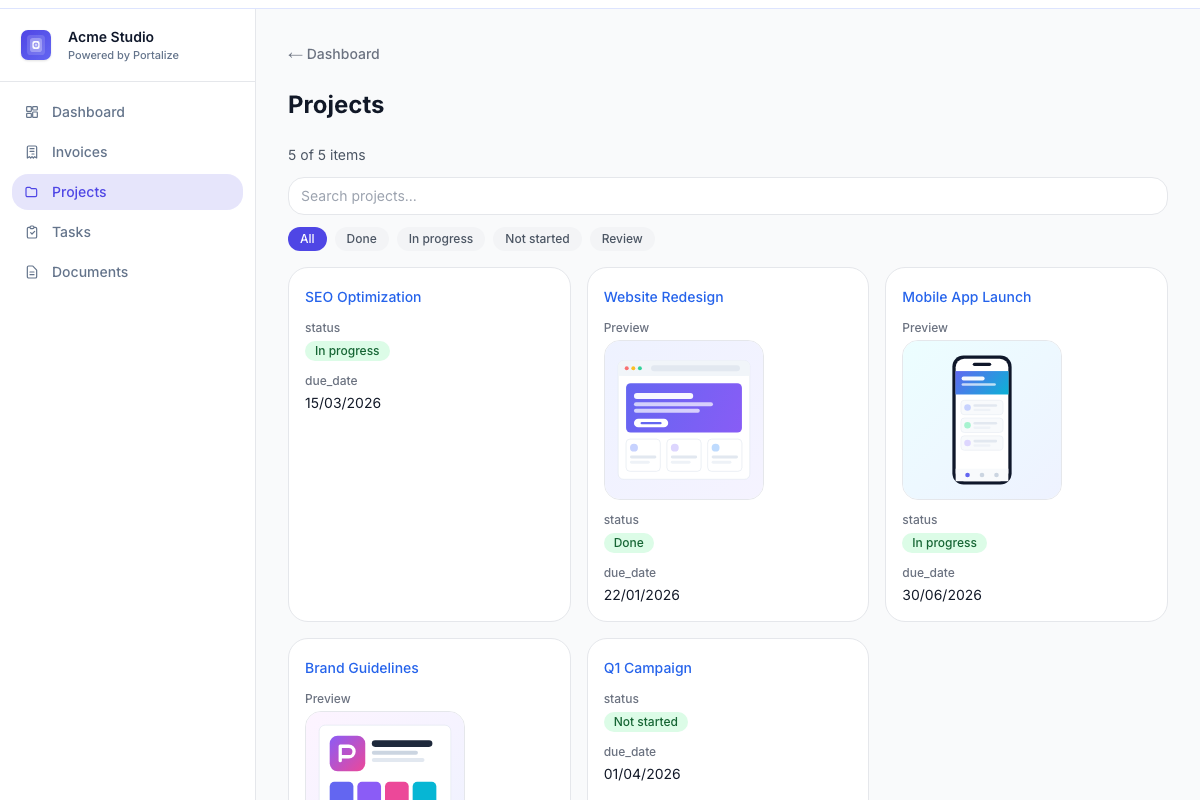 A Notion-powered client portal showing project cards with image previews for each deliverable