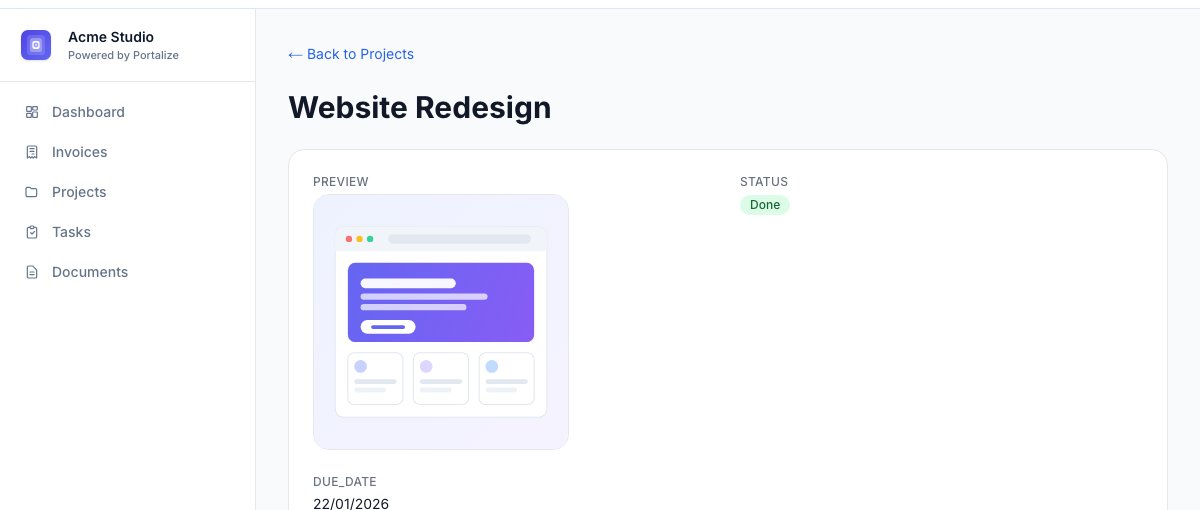 A portal detail page showing a large image preview of a website redesign deliverable