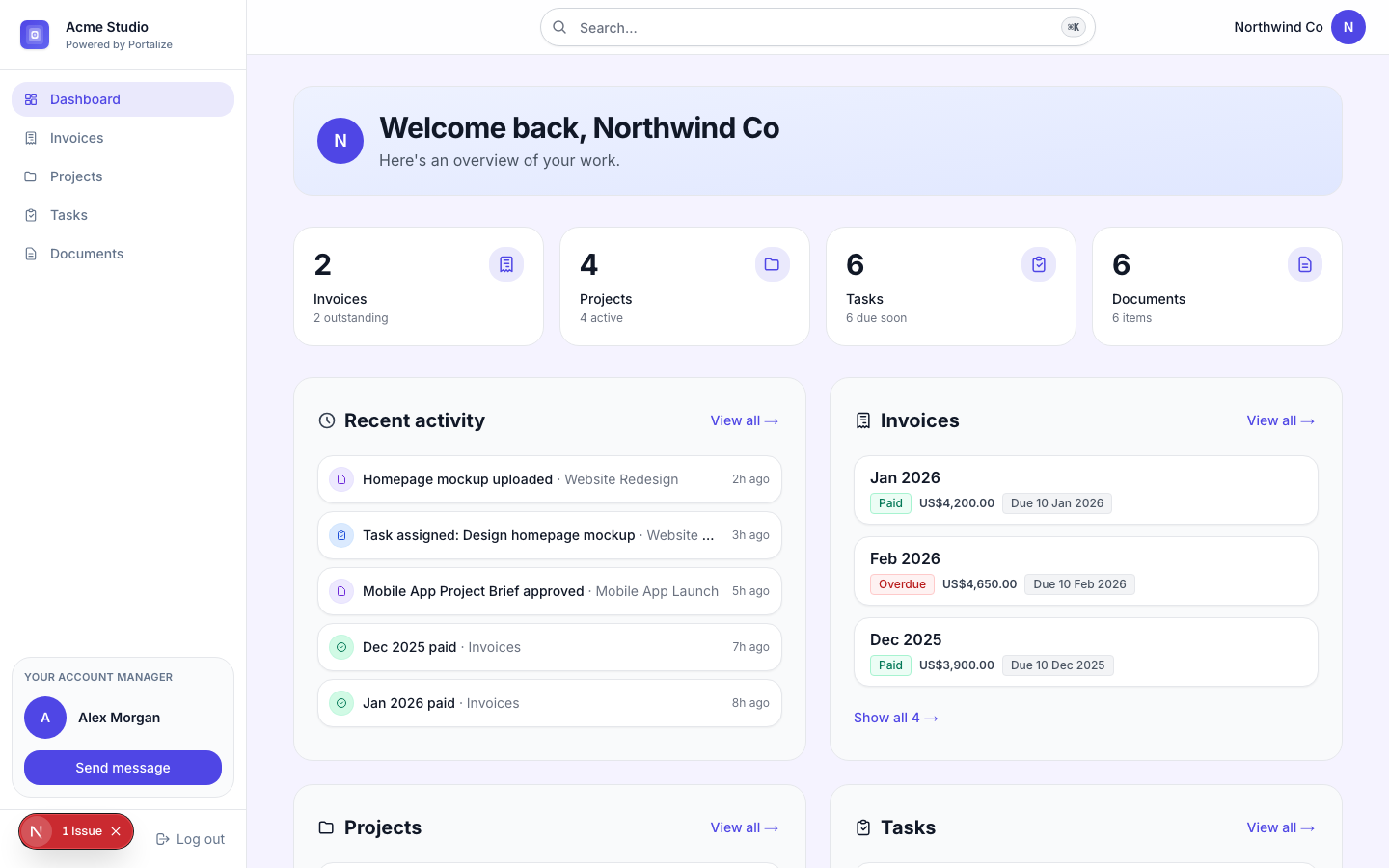 A branded client portal home showing projects, tasks, documents, invoices, and recent activity for one client