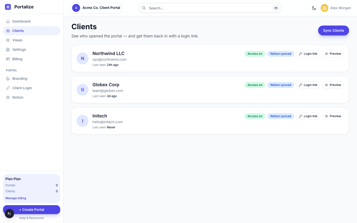 Portalize client management screen showing synced clients, access status, last seen activity, login links, and client previews