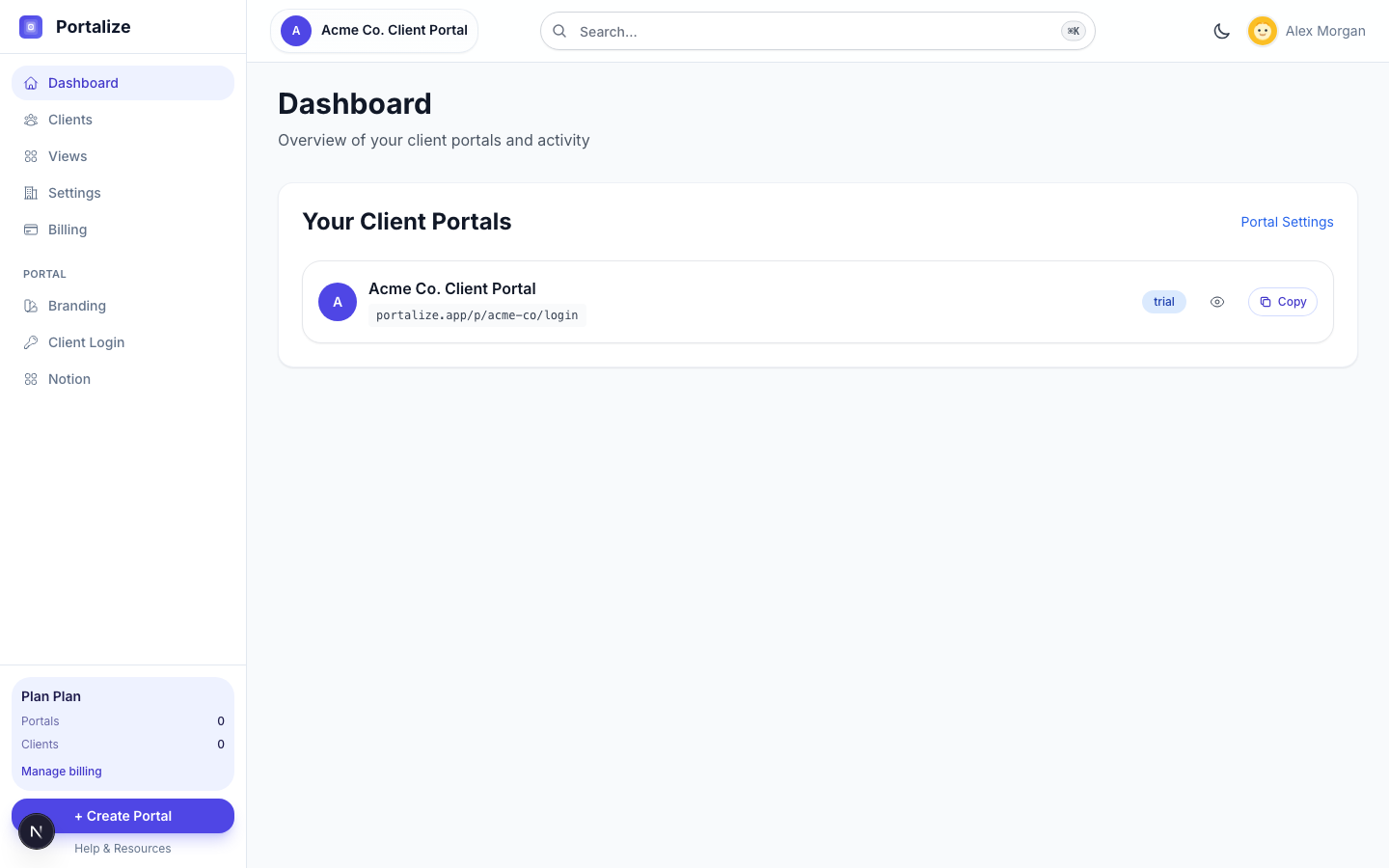 Agency dashboard with Portalize sidebar, portal switcher, search, and a selected client portal