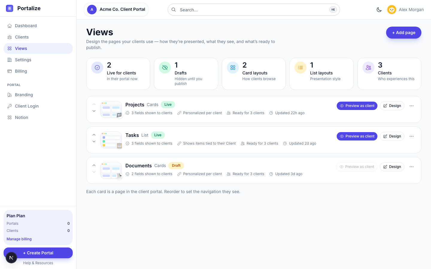 Portalize Views screen showing live and draft Projects, Tasks, and Documents pages with per-client personalization